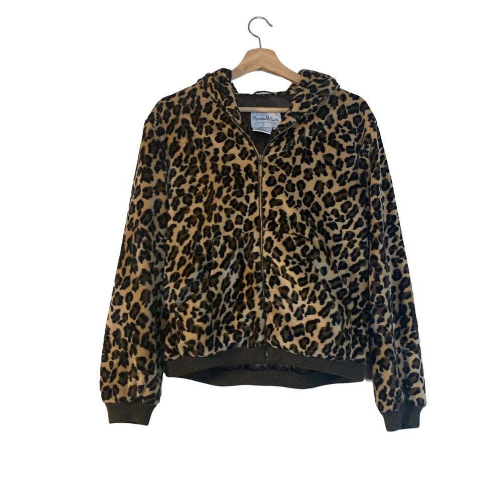 Pamela McCoy Collection Faux Leopard Print Hooded Bomber Jacket Womens Medium